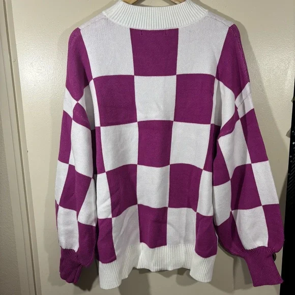 Zesica Bishop Sleeve Checkered Pink and White Women's Sweater Size XL - Picture 5 of 5